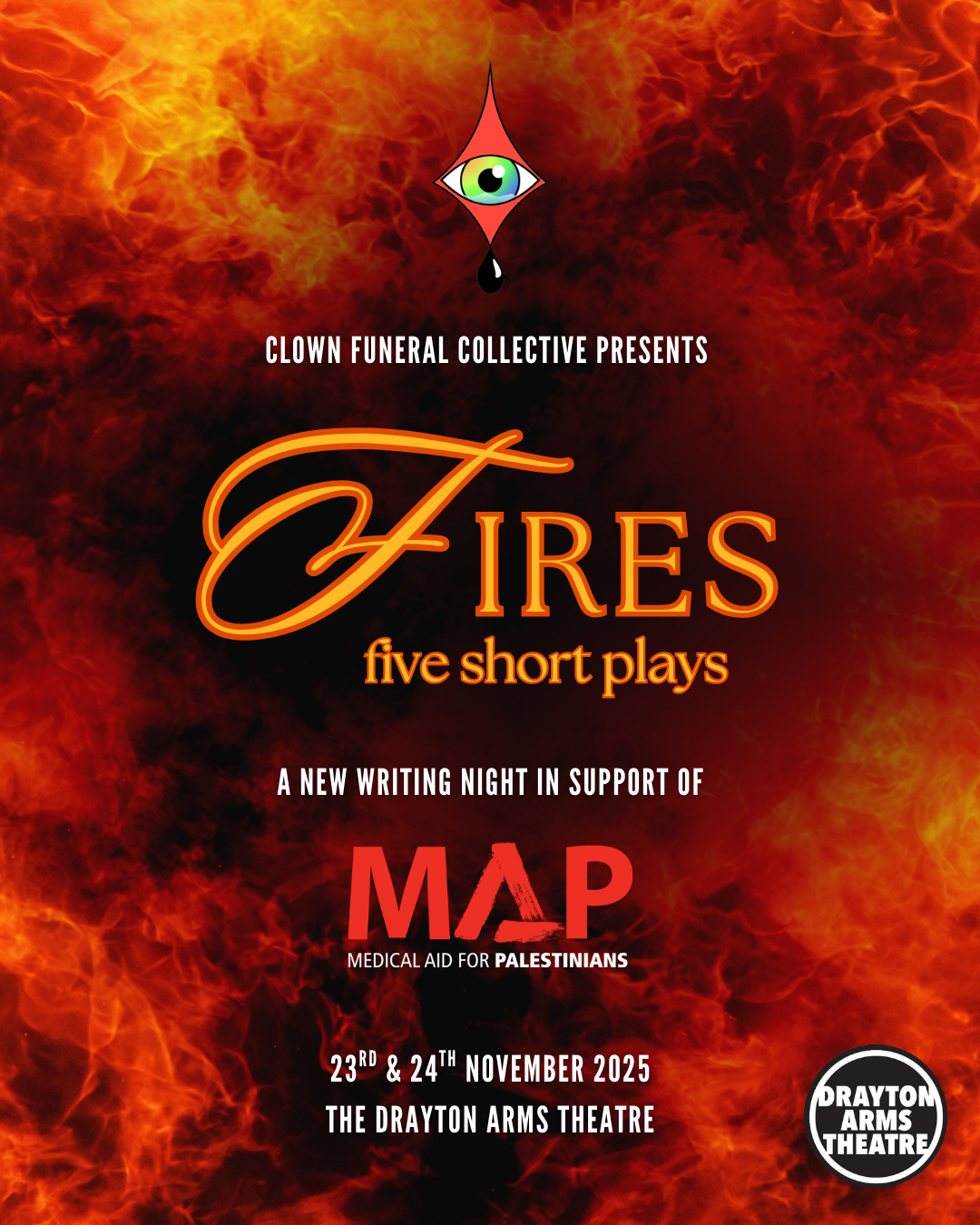 A poster for the event with a firey background. 