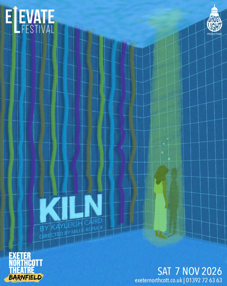 A poster for KILN depicting a swimming pool with a girl standing at the bottom of it.
