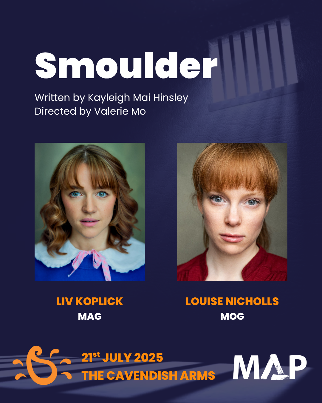 A casting announcement post with the word 'smoulder' written in white text on a dark blue background above Liv and Louise's headshots.