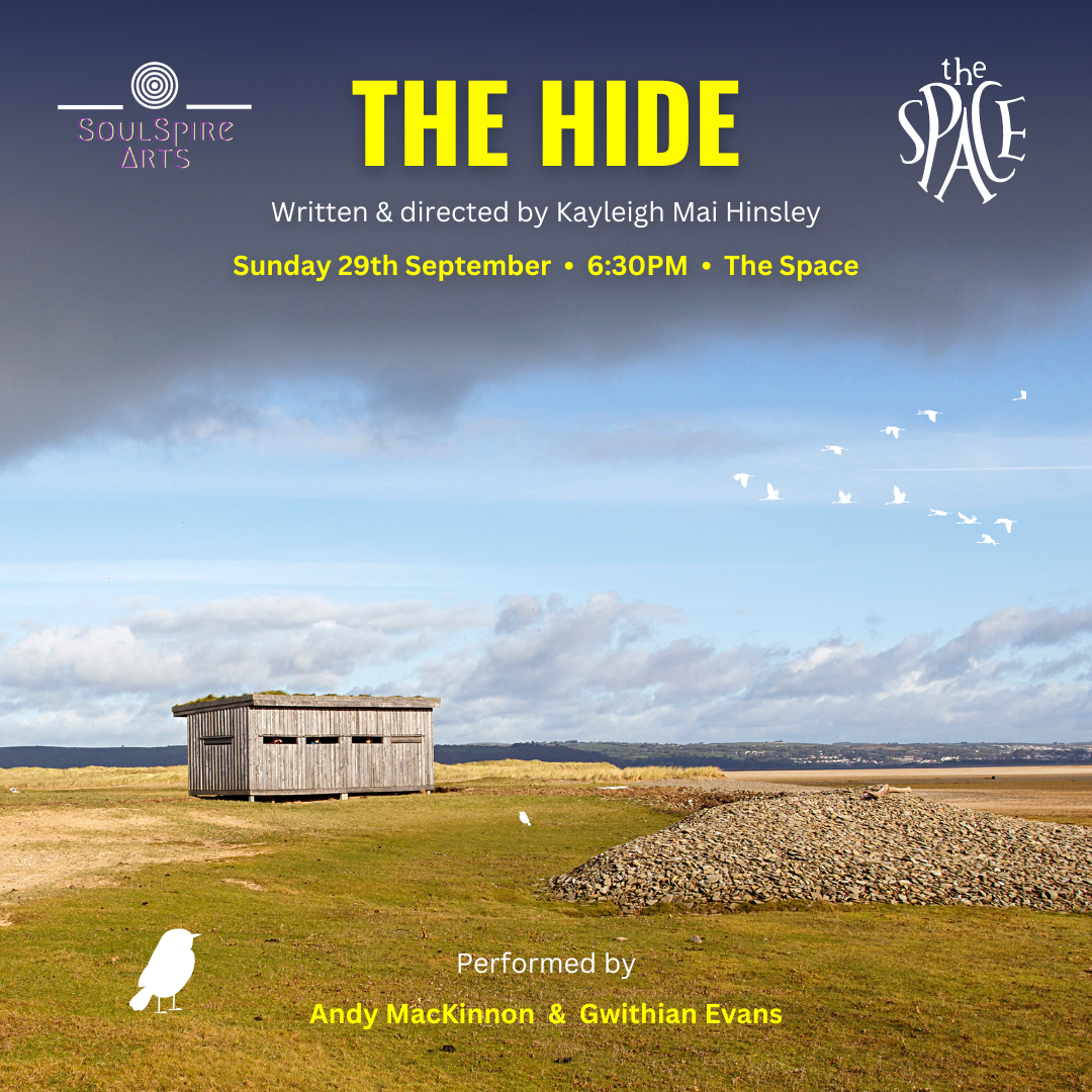 A poster for The Hide, featuring a wooden bird hide in the distance with blue sky above but a large grey cloud hanging at the top of the image. Text reads: The Hide, written and directed by Kayleigh Mai Hinsley. Sunday 29th September, 6:30pm, The Space. Performed by Andy MacKinnon and Gwithian Evans. 